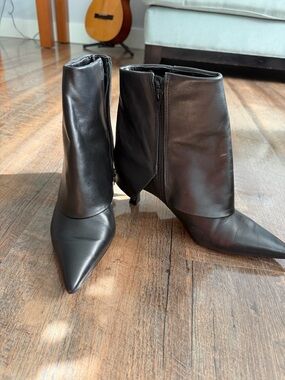 Women's Black leather Y2K Folded cuff Pointed Toe Ankle Boots kitten heel size 9